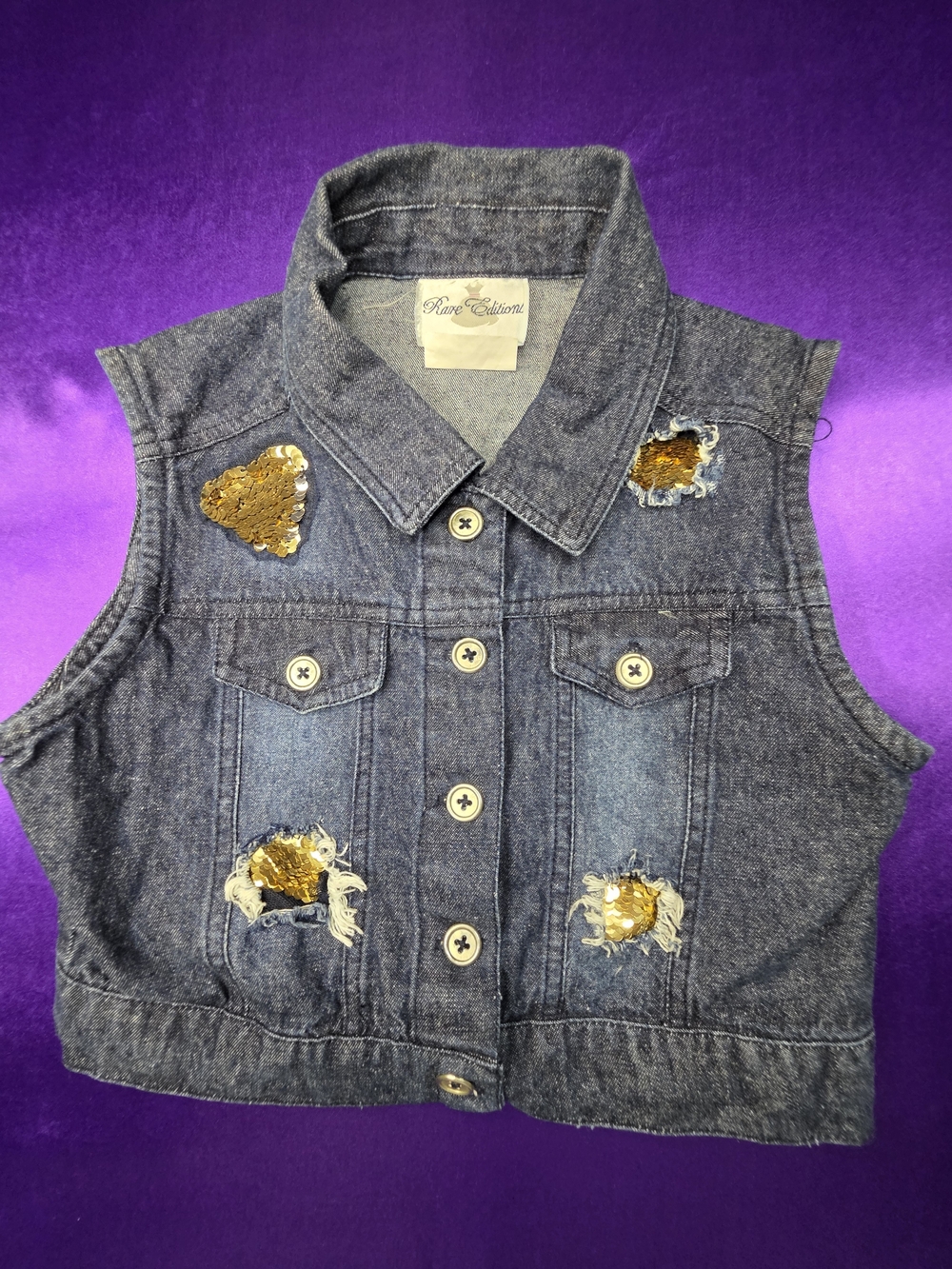 Rare Editions Dark Blue Denim Sequin Patch Vest Size 7